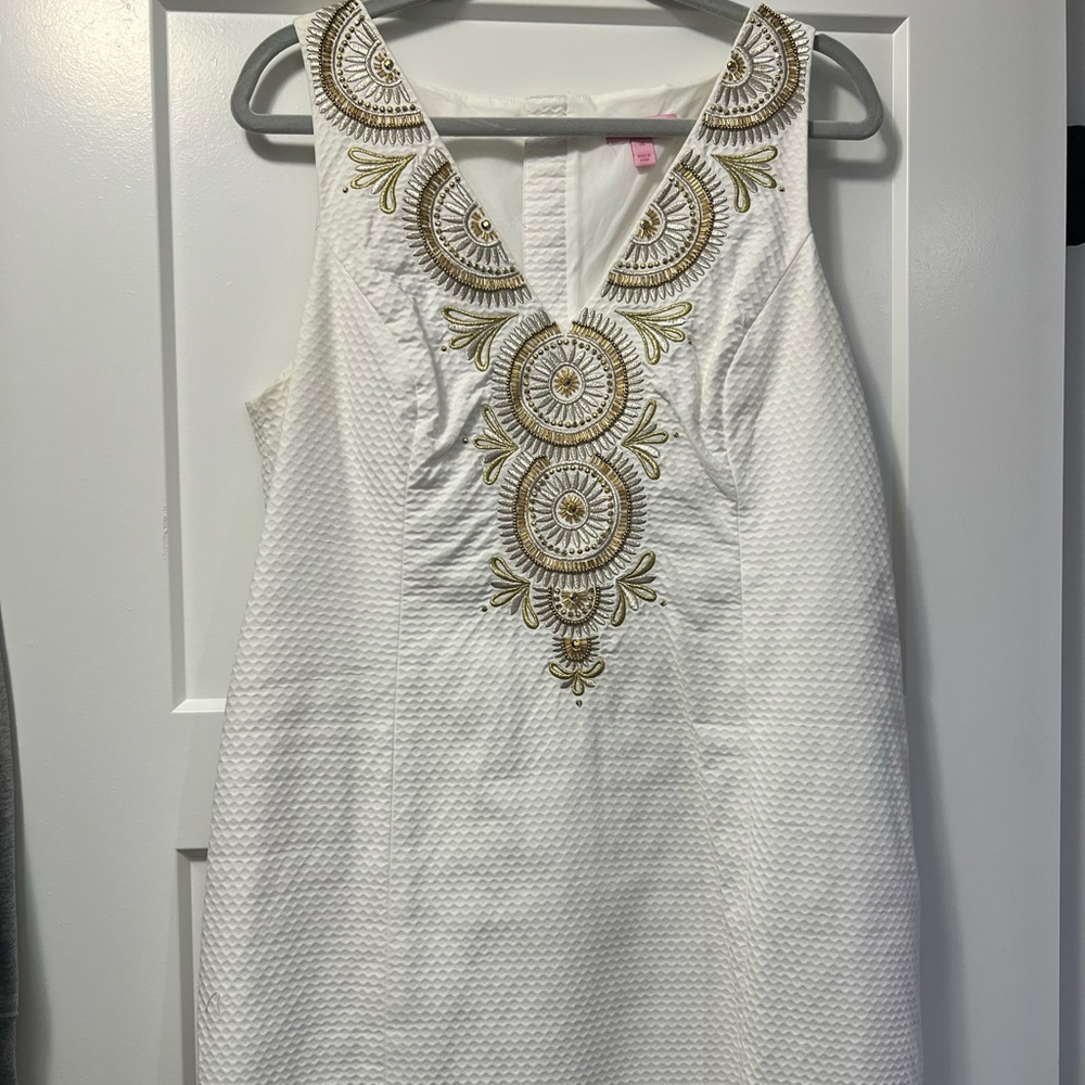 Lilly Pulitzer White Midi Dress with Gold Embroidered Neckline
